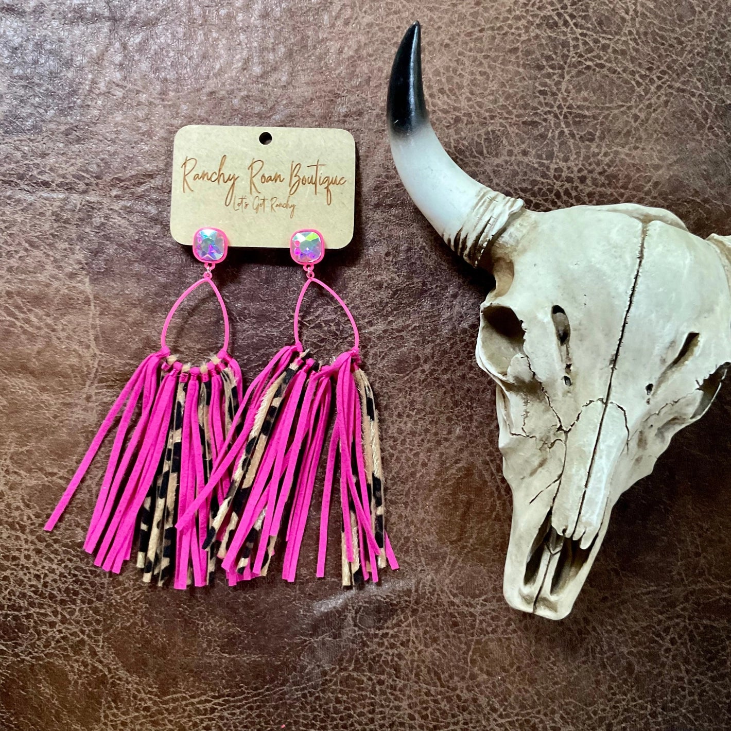 Pink Glass Stone Teardrop Leather Tassel Western Stud Earrings